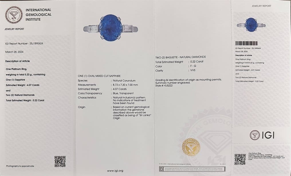 IGI Certified Ring Platinum - 4.07 Ct Natural Blue Sapphire - Sri Lanka - Diamond