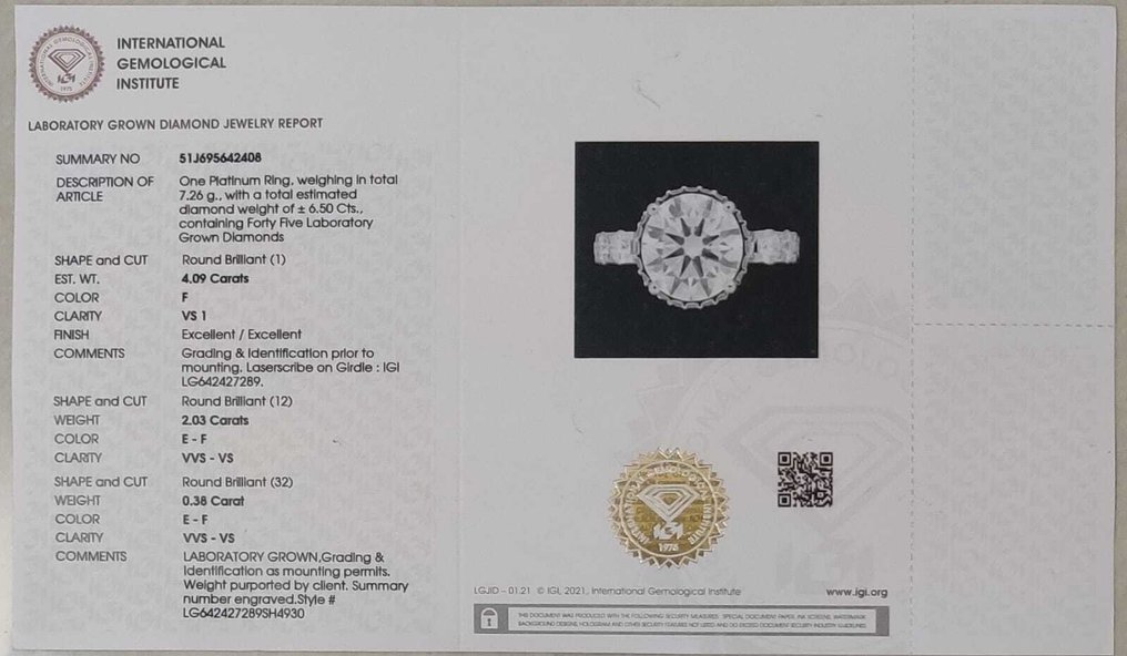 Ring Platinum - 6.50ct. tw. Diamond (Lab-grown) - Diamond