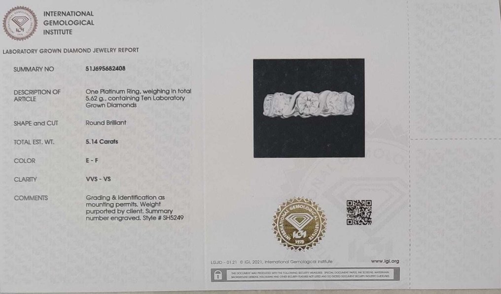 Ring Platinum - 5.14ct. tw. Diamond (Lab-grown)