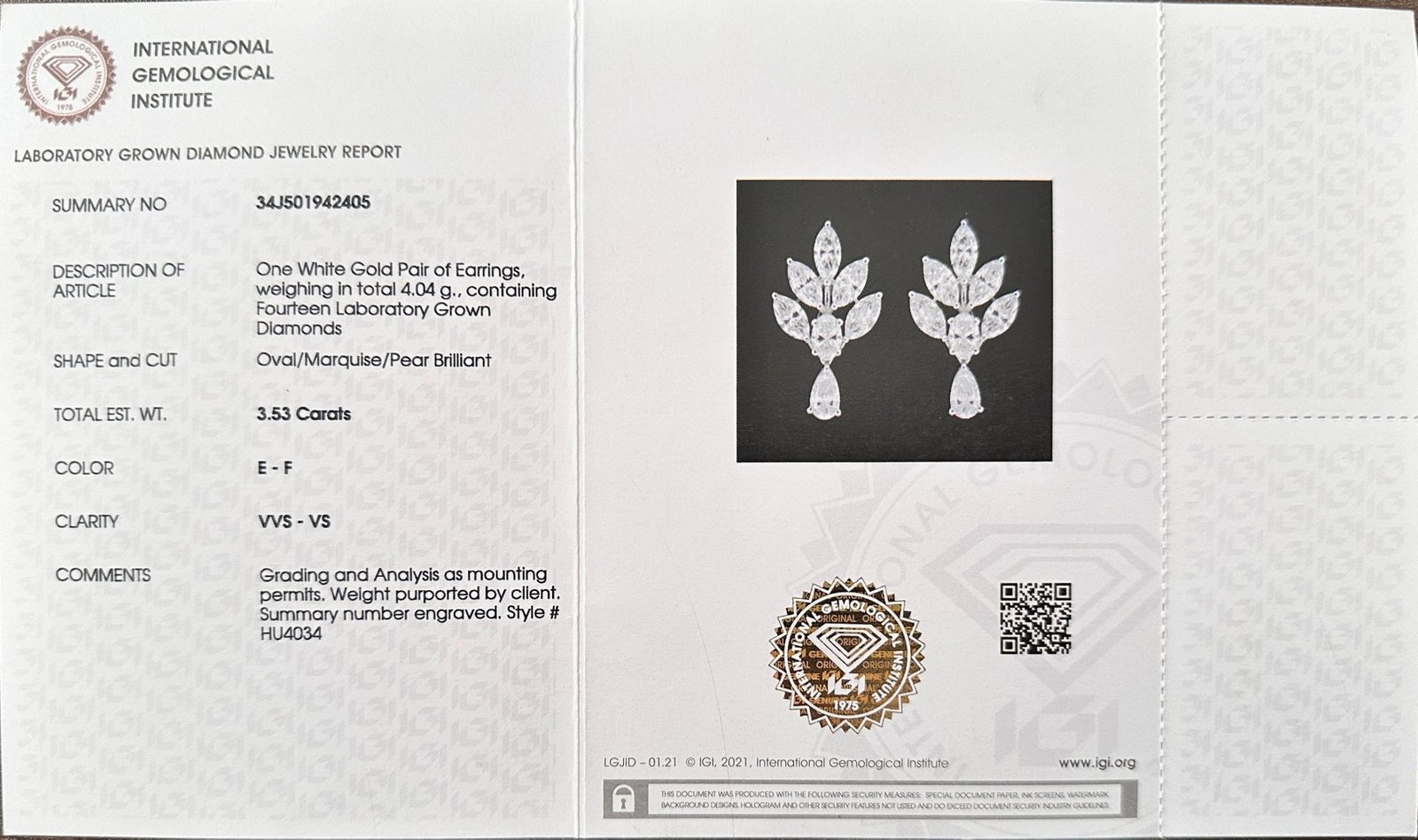 14K White Gold Bridal Earrings - 3.53ct Total Weight Lab-Grown Diamonds