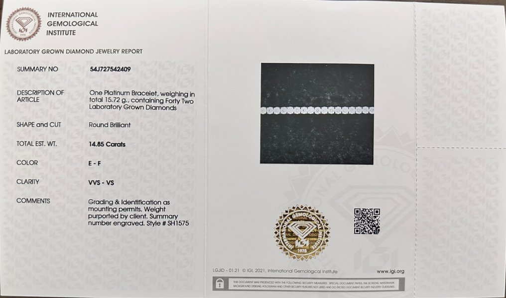 Bracelet Platinum - 14.85ct. tw. Diamond (Lab-grown) - E , VVS
