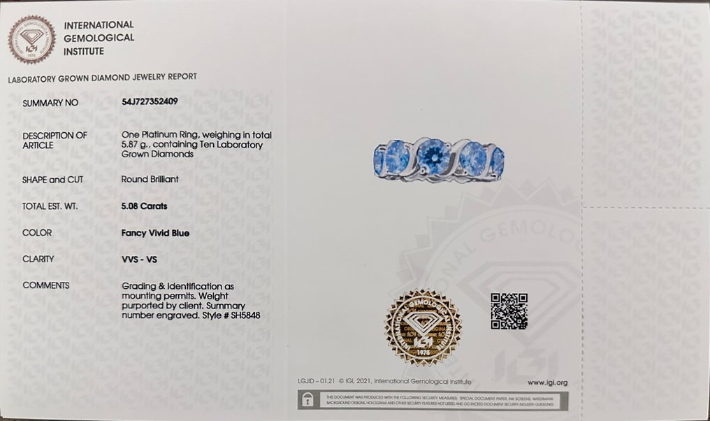 Ring Platinum - 5.08ct. tw. Blue Diamond (Fancy coloured lab-grown diamond) - 0.50 Carat Each