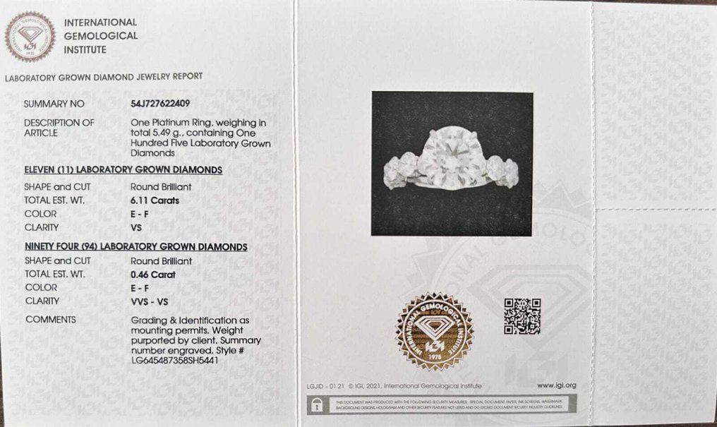 Ring Platinum - 6.57ct. tw. Diamond (Lab-grown) - Diamond - Perfect Gift For Her