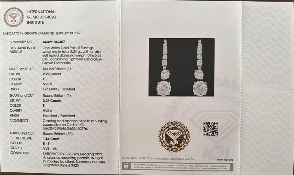 Earrings - 14 kt. White gold - 6.38ct. tw. Diamond (Lab-grown) - Diamond