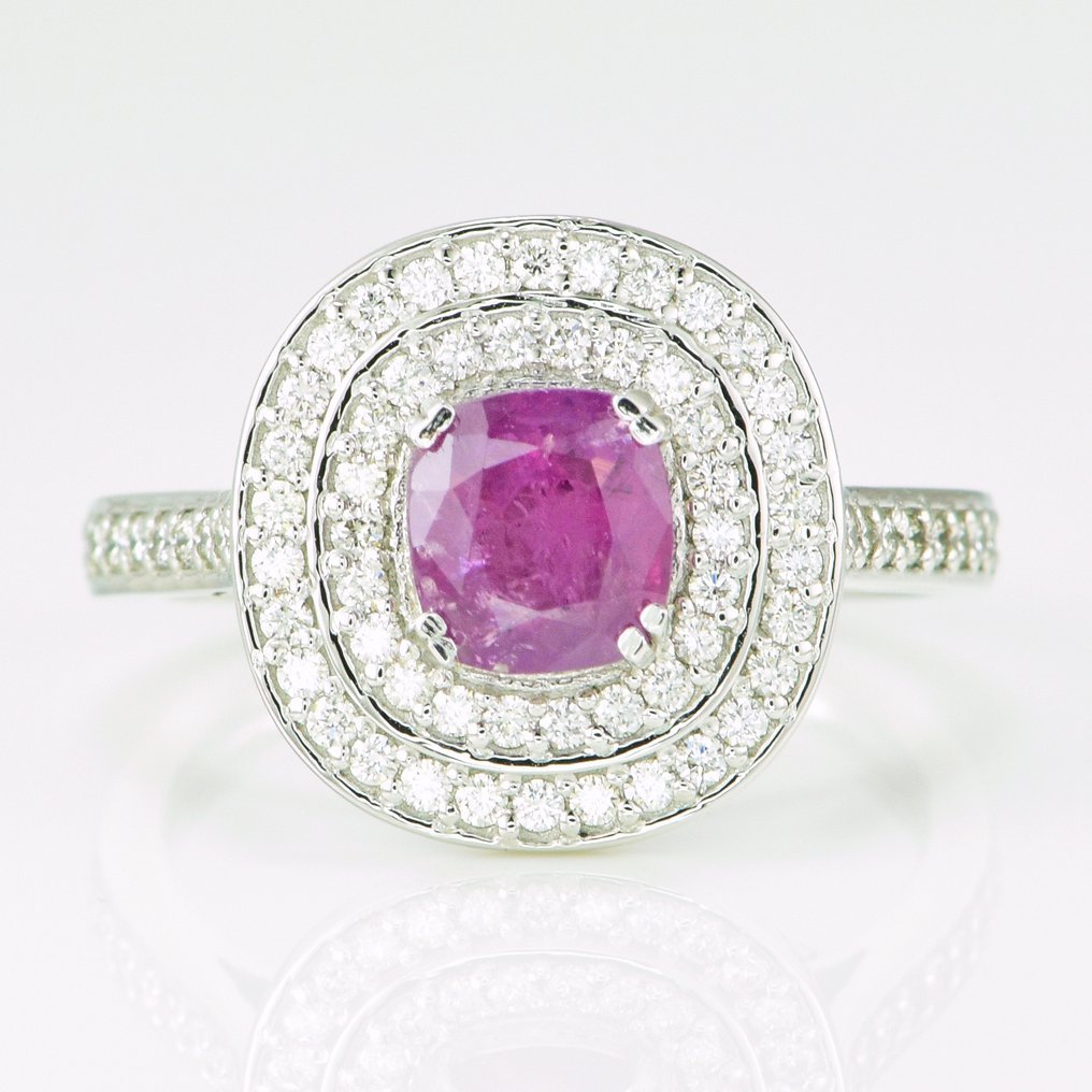 Ring Platinum - 1.47ct. tw. Ruby - Diamond - Double Halo Ruby Ring