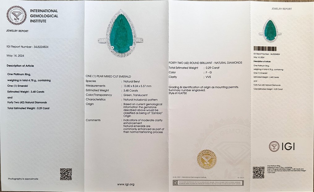 Ring Platinum - 3.77ct. tw. Emerald - Diamond - Wedding Ring