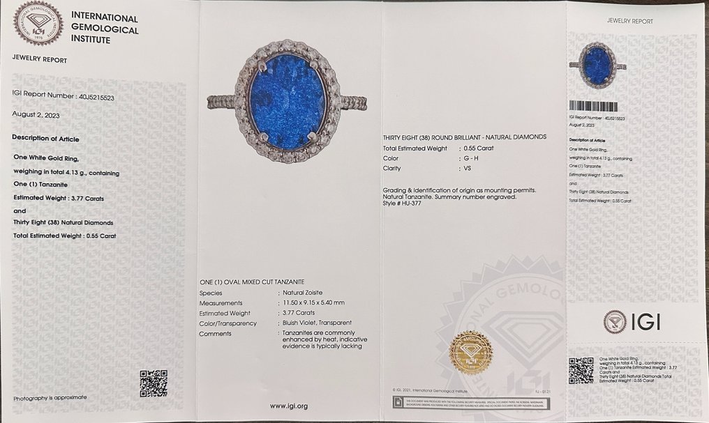 Ring - 14 kt. White gold - 4.32ct. tw. Tanzanite - Diamond - Anniversary Gift for her