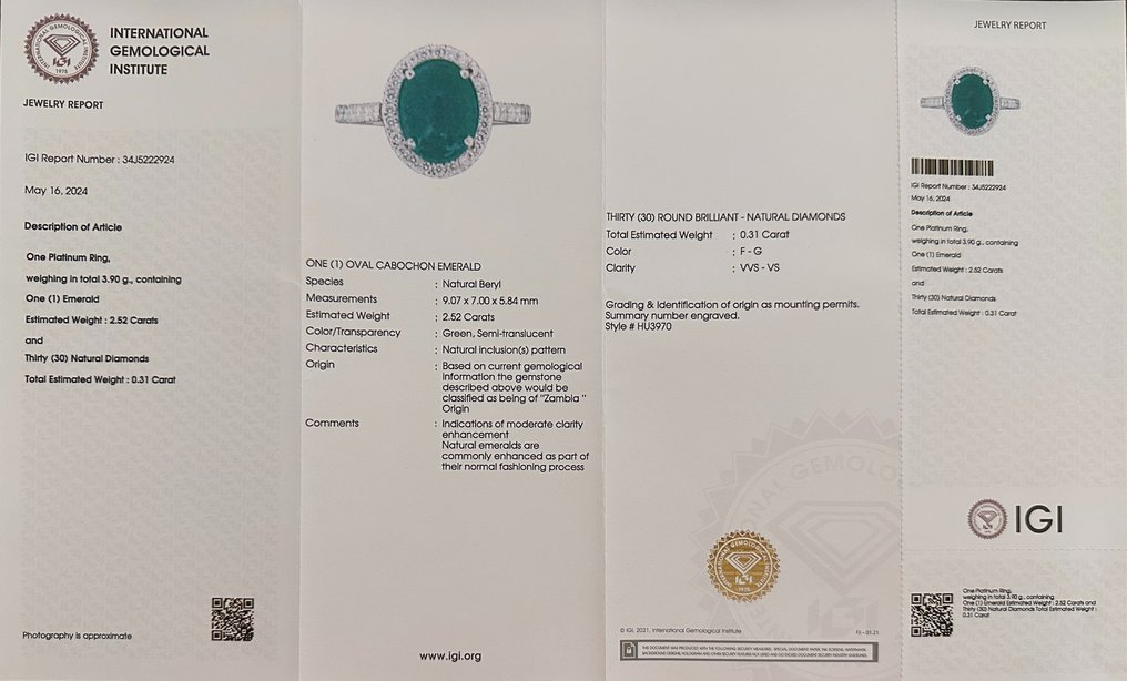 Ring Platinum - 2.83ct. tw. Emerald - Diamond - Wedding Ring