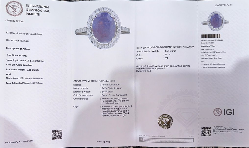 Ring Platinum - 2.95ct. tw. Sapphire - Diamond - Kashmir origin Sapphire