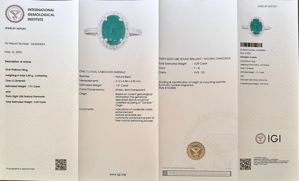 Ring Platinum - 2.20ct. tw. Emerald - Diamond - Wedding Ring