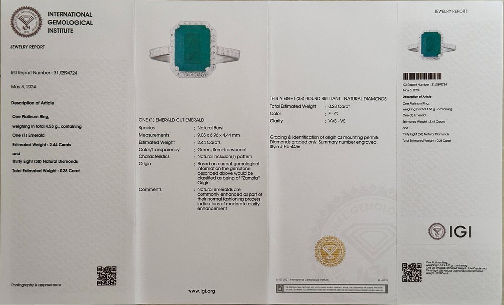 Ring Platinum - 2.72ct. tw. Emerald - Diamond - Engagement Ring