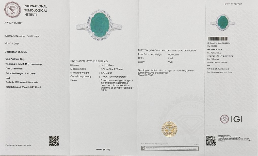 Ring Platinum - 2.01ct. tw. Emerald - Diamond - Zambia Origin Emerald