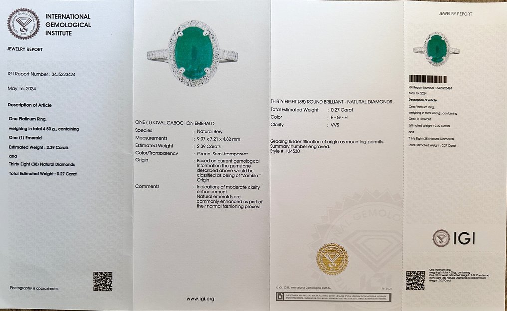 Ring Platinum - 2.66ct. tw. Emerald - Diamond - Engagement Ring