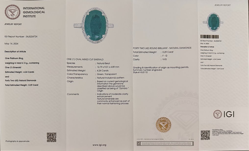 Ring Platinum - 4.53ct. tw. Emerald - Diamond - Exquisite Emerald Ring
