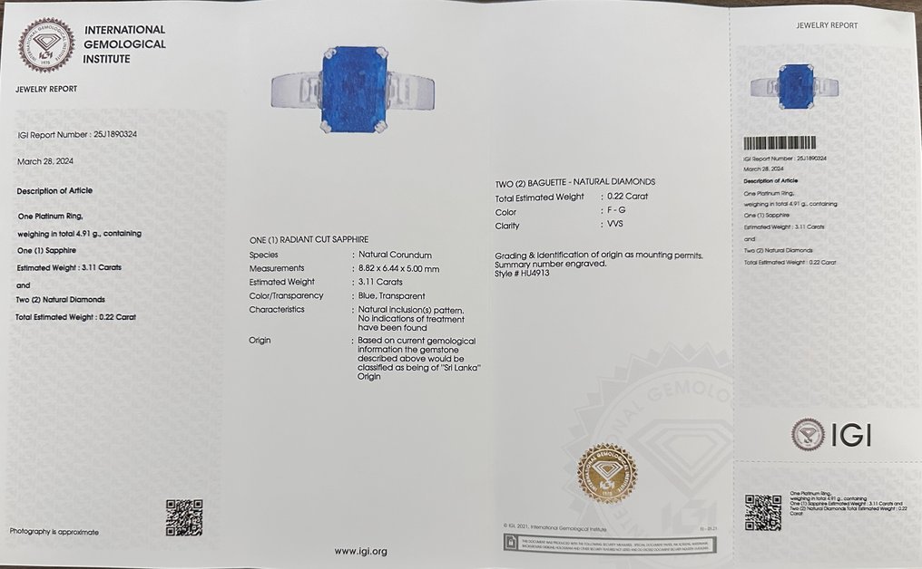 Ring Platinum - 3.33ct. tw. Sapphire - Diamond - SRILANKA SAPPHIR NO HEAT