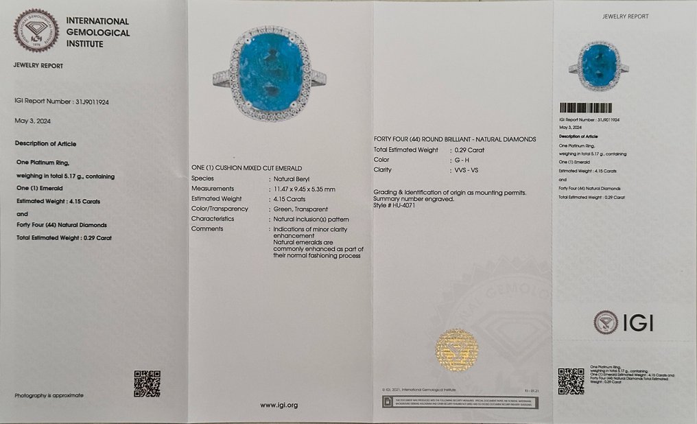 Ring Platinum - 4.44ct. tw. Emerald - Diamond - Certified Minor oil only