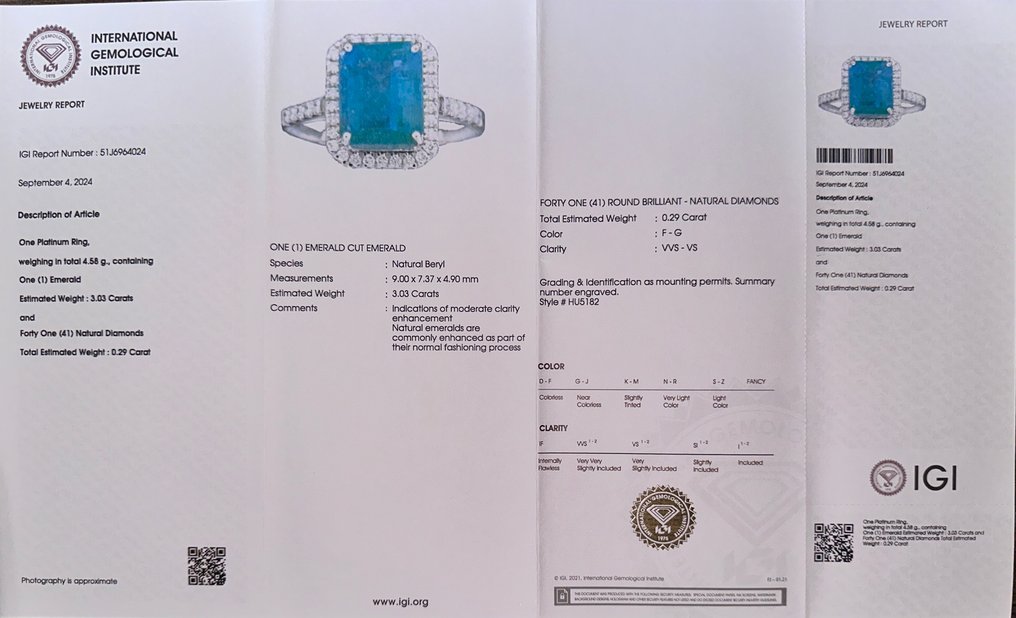 Ring Platinum - 3.32ct. tw. Emerald - Diamond - Emerald Engagement Ring