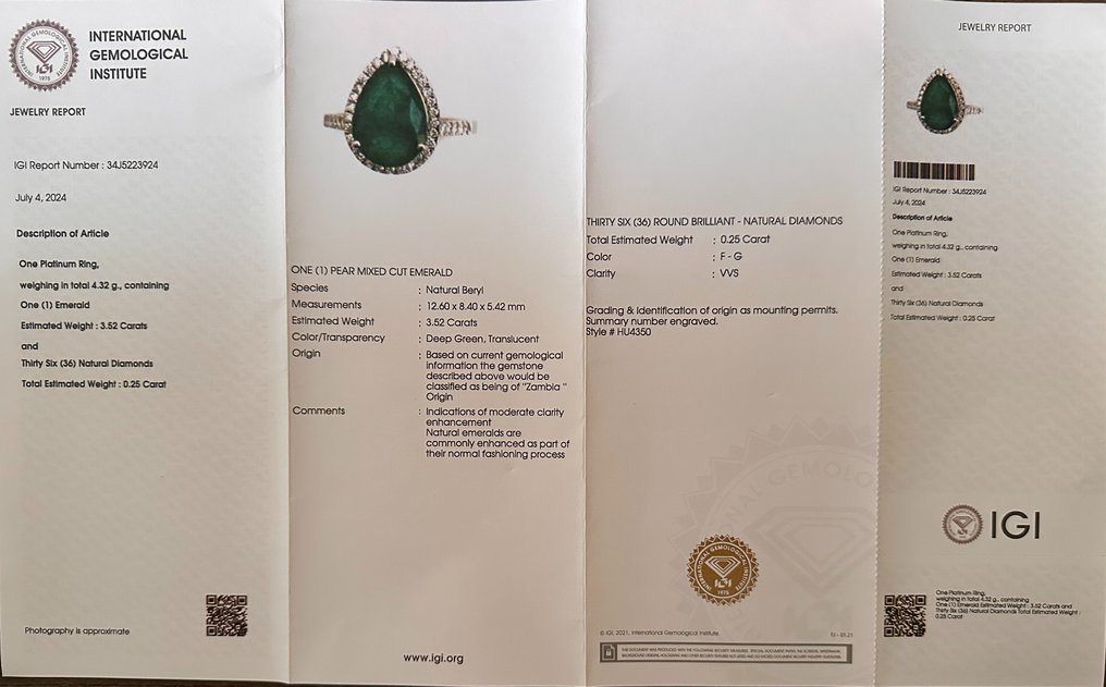Ring Platinum - 3.77ct. tw. Emerald - Diamond - Deep Green Emerald Ring