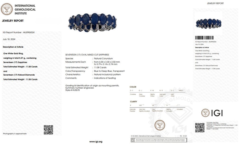 Ring - 14 kt. White gold - 11.08ct. tw. Sapphire - Deep Blue