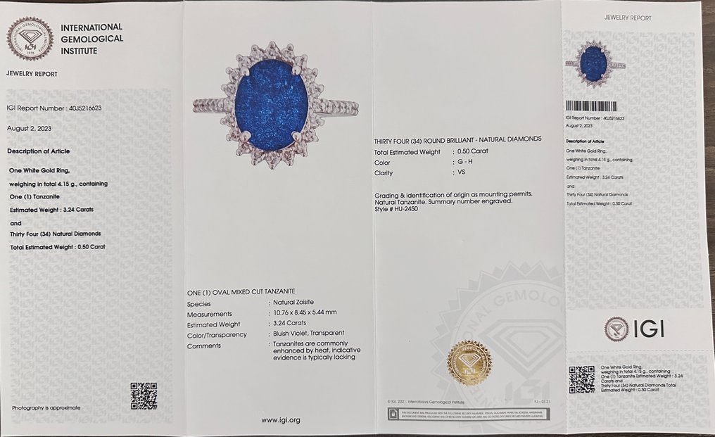 Ring - 14 kt. White gold - 3.74ct. tw. Tanzanite - Diamond - Engagement ring