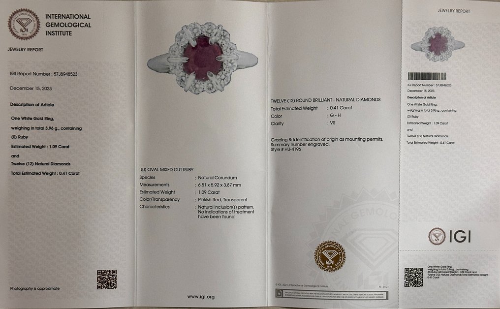 Ring - 14 kt. White gold - 1.09ct. tw. Ruby - Diamond