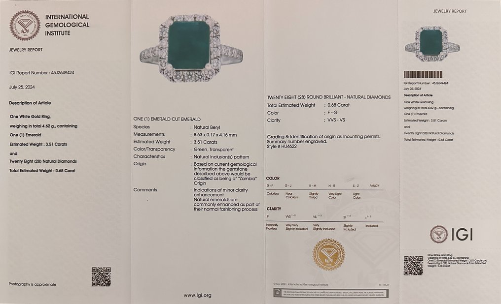 Ring - 14 kt. White gold - 4.19ct. tw. Emerald - Diamond - Transparent Emerald Ring