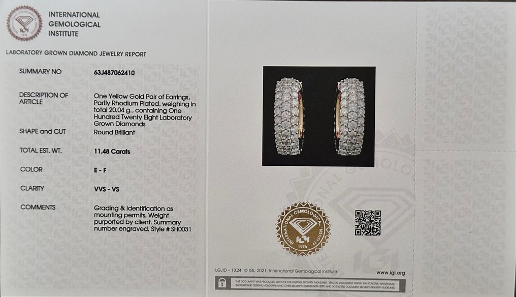 Hoop earrings - 14 kt. Yellow gold - 11.48ct. tw. Diamond (Lab-grown) - Engagement Earrings
