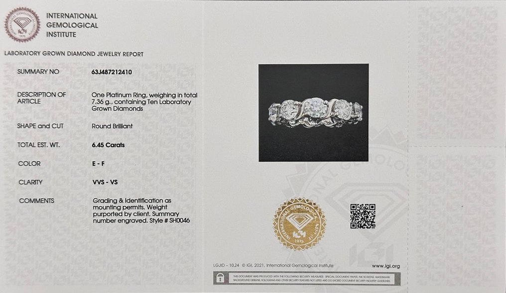 Ring Platinum - 6.45ct. tw. Diamond (Lab-grown)