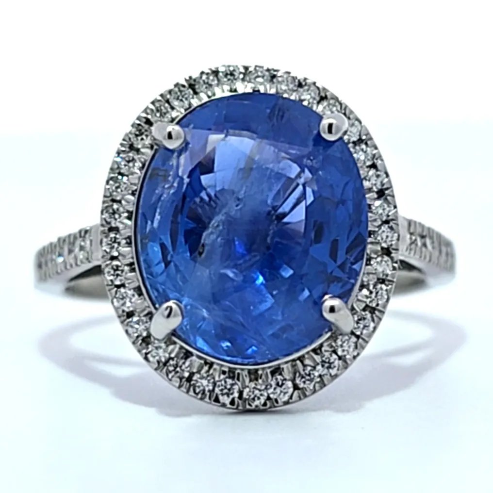 Ring Platinum - 6.49ct. tw. Sapphire - Diamond - Origin - Sri Lanka