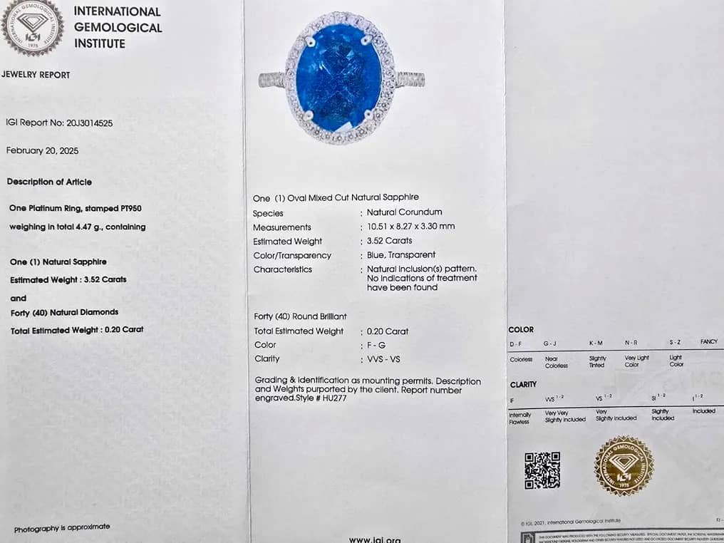 Ring Platinum - 3.72ct. tw. Sapphire - Diamond - IGI