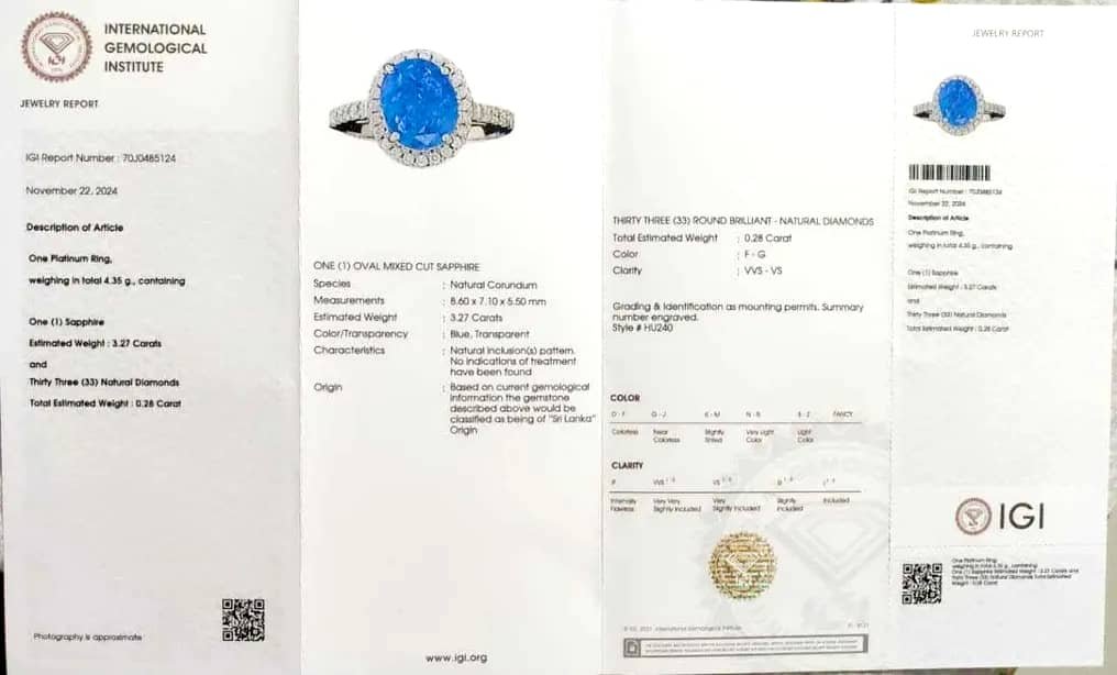 Ring Platinum - 3.55ct. tw. Sapphire - Diamond - Sri Lanka No Heat