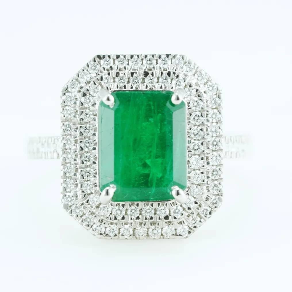 Ring Platinum - 3.51ct. tw. Emerald - Diamond - Double Halo Wedding Ring