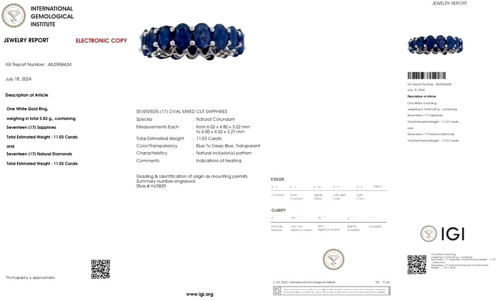Ring Platinum - 11.03ct. tw. Sapphire - IGI - Deep Blue Sapphires