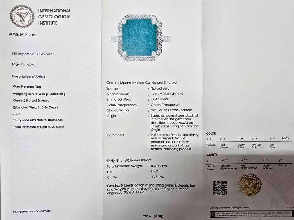 Ring Platinum - 3.24ct. tw. Emerald - Diamond - Zambia ,IGI