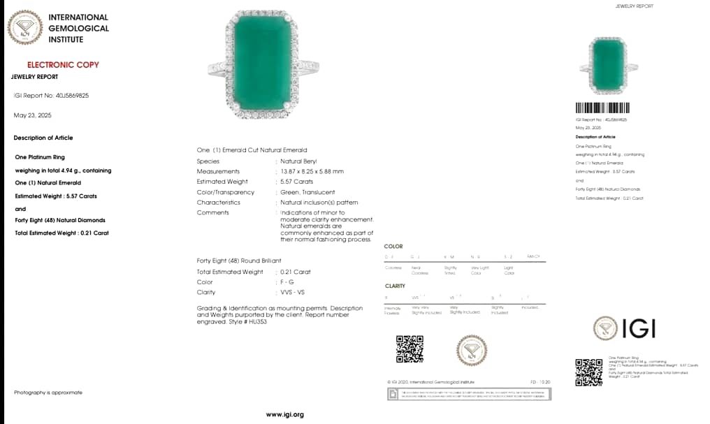 Ring Platinum - 5.78ct. tw. Emerald - Diamond - IGI - Halo Ring