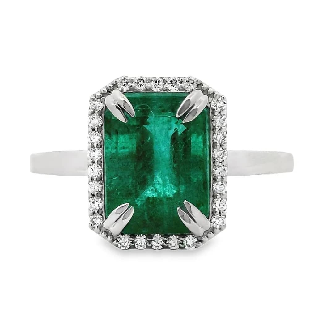 Ring Platinum - 3.81ct. tw. Emerald - Diamond - IGI - Emerald - Halo Ring