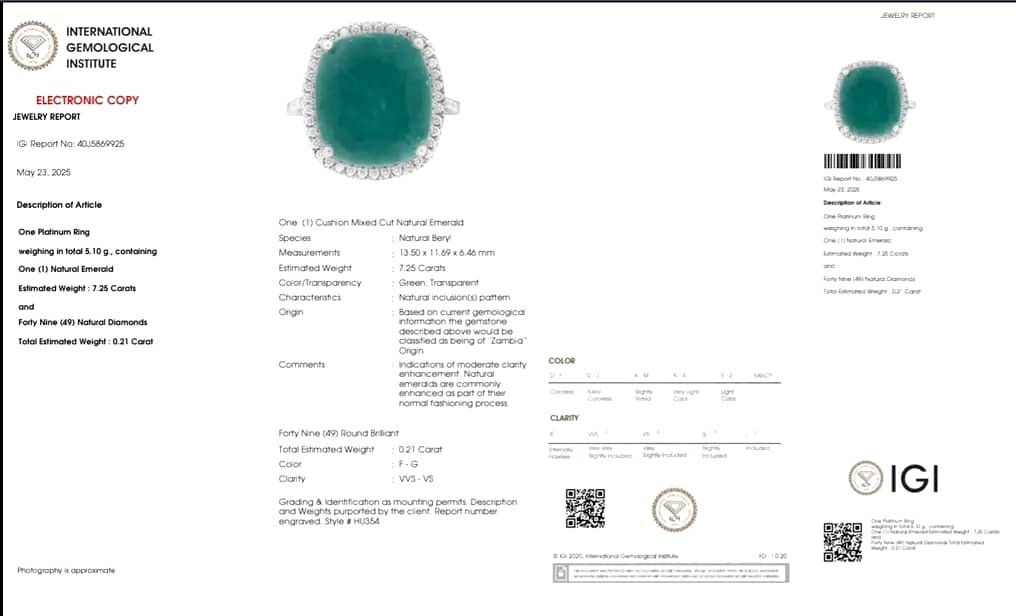 Ring Platinum - 7.46ct. tw. Emerald - Diamond - Zambia ,IGI