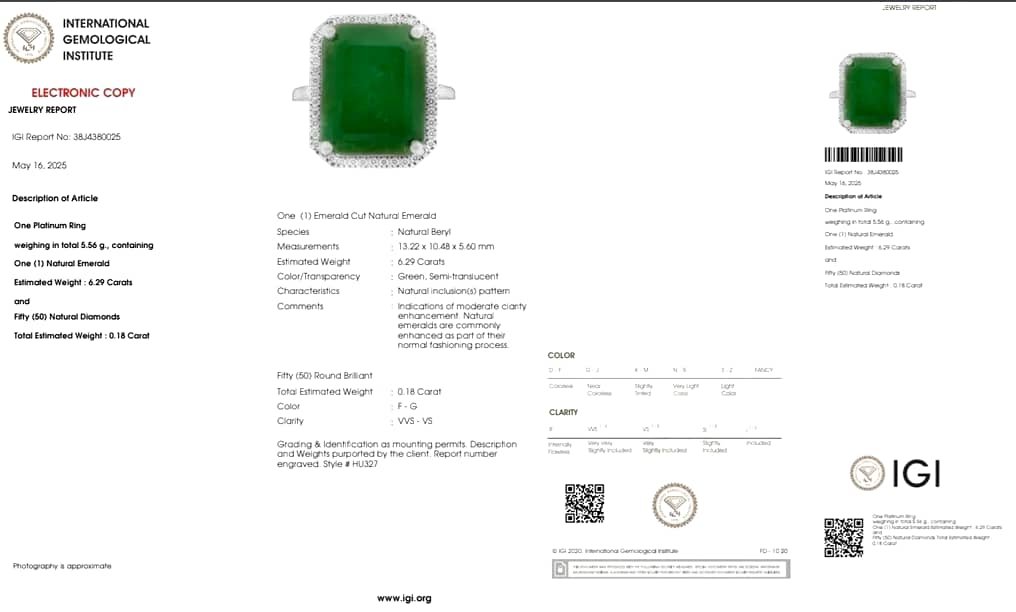 Ring Platinum - 6.47ct. tw. Emerald - Diamond - IGI - Halo Ring