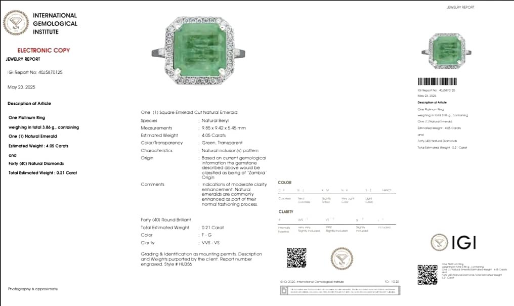 Ring Platinum - 4.26ct. tw. Emerald - Diamond - Zambia ,IGI