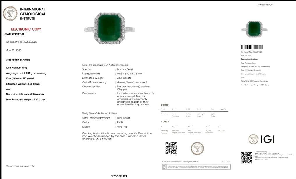 Ring Platinum - 3.72ct. tw. Emerald - Diamond - IGI - Halo Ring