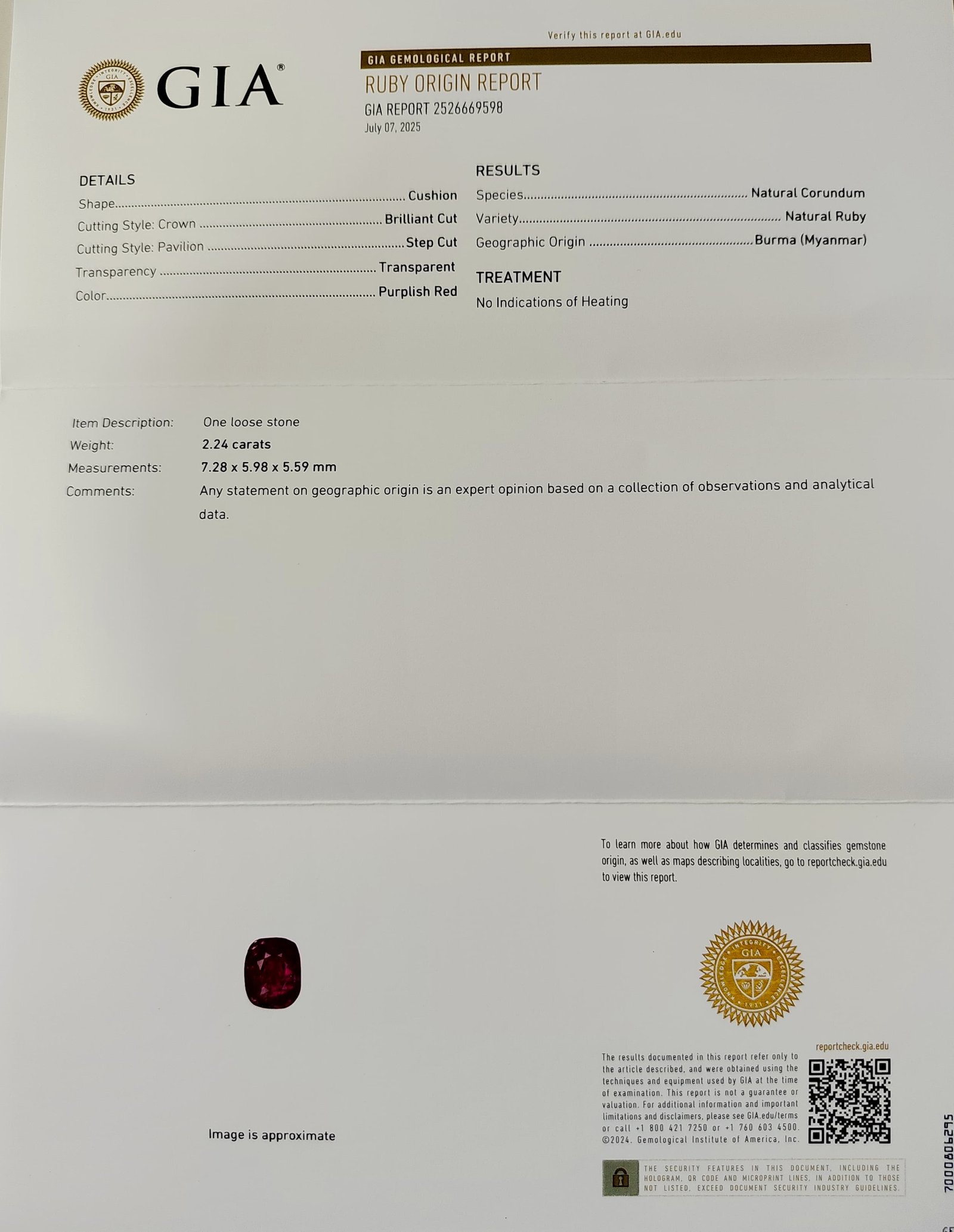 GIA Certified 2.24ct. Burma (Myanmar) Natural Ruby