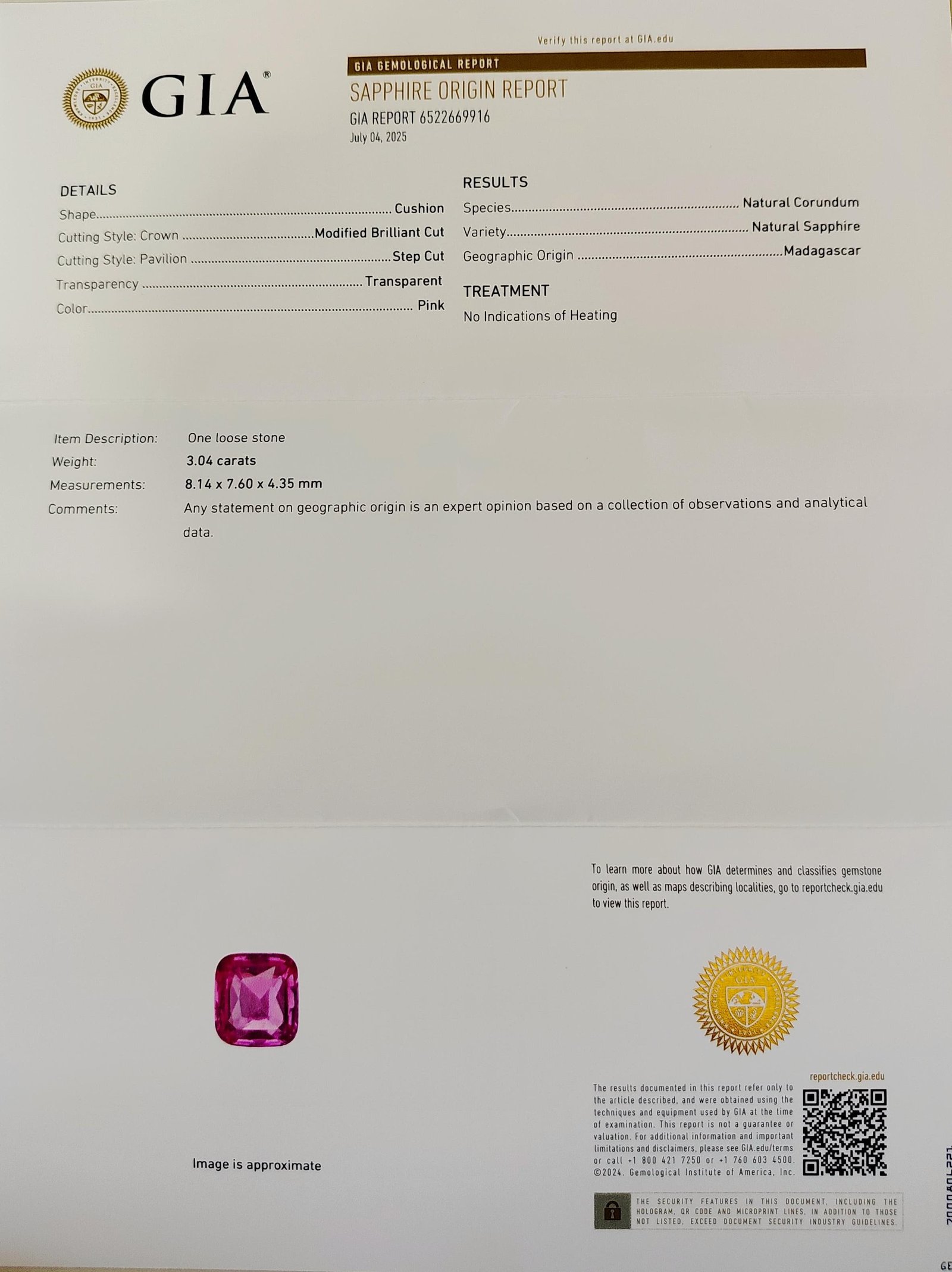 GIA Certified 3.04ct. Madagascar Natural Pink Sapphire 