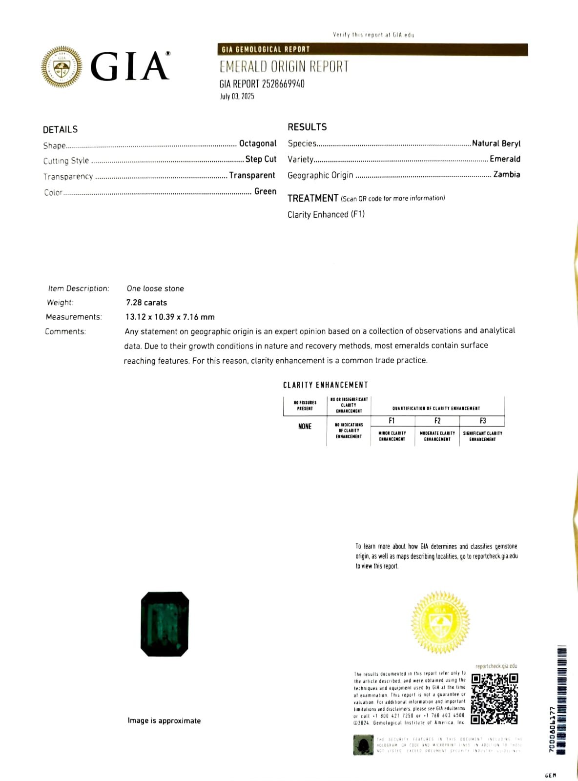 GIA Certified 7.28ct. Zambia Natural Emerald 