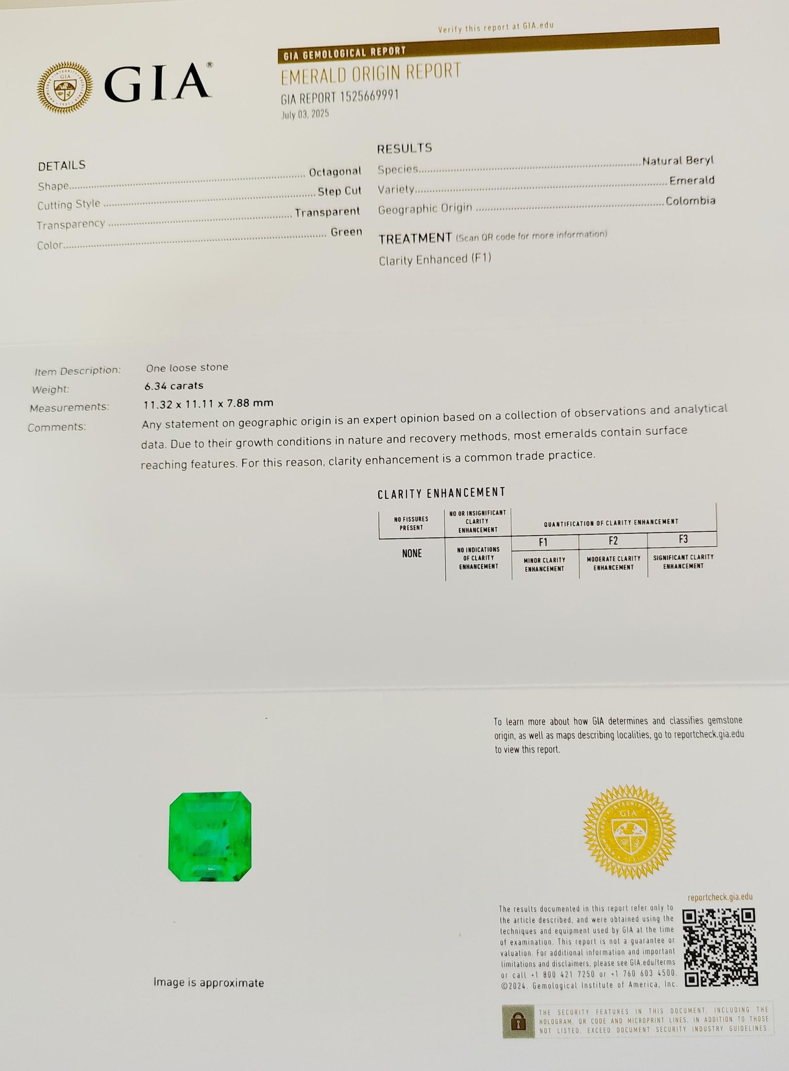 GIA Certified 6.34ct. Columbia Natural Emerald 
