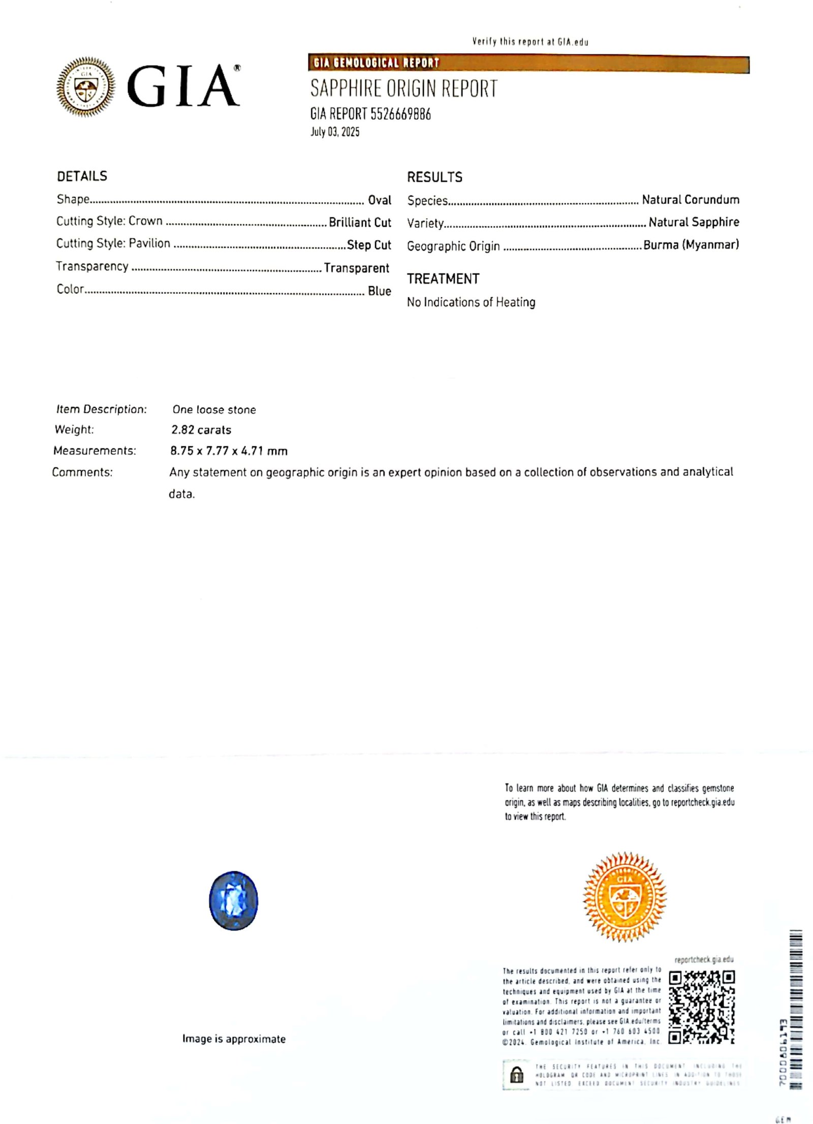 GIA Certified 2.82ct. Burma (Myanmar) Natural Blue Sapphire 