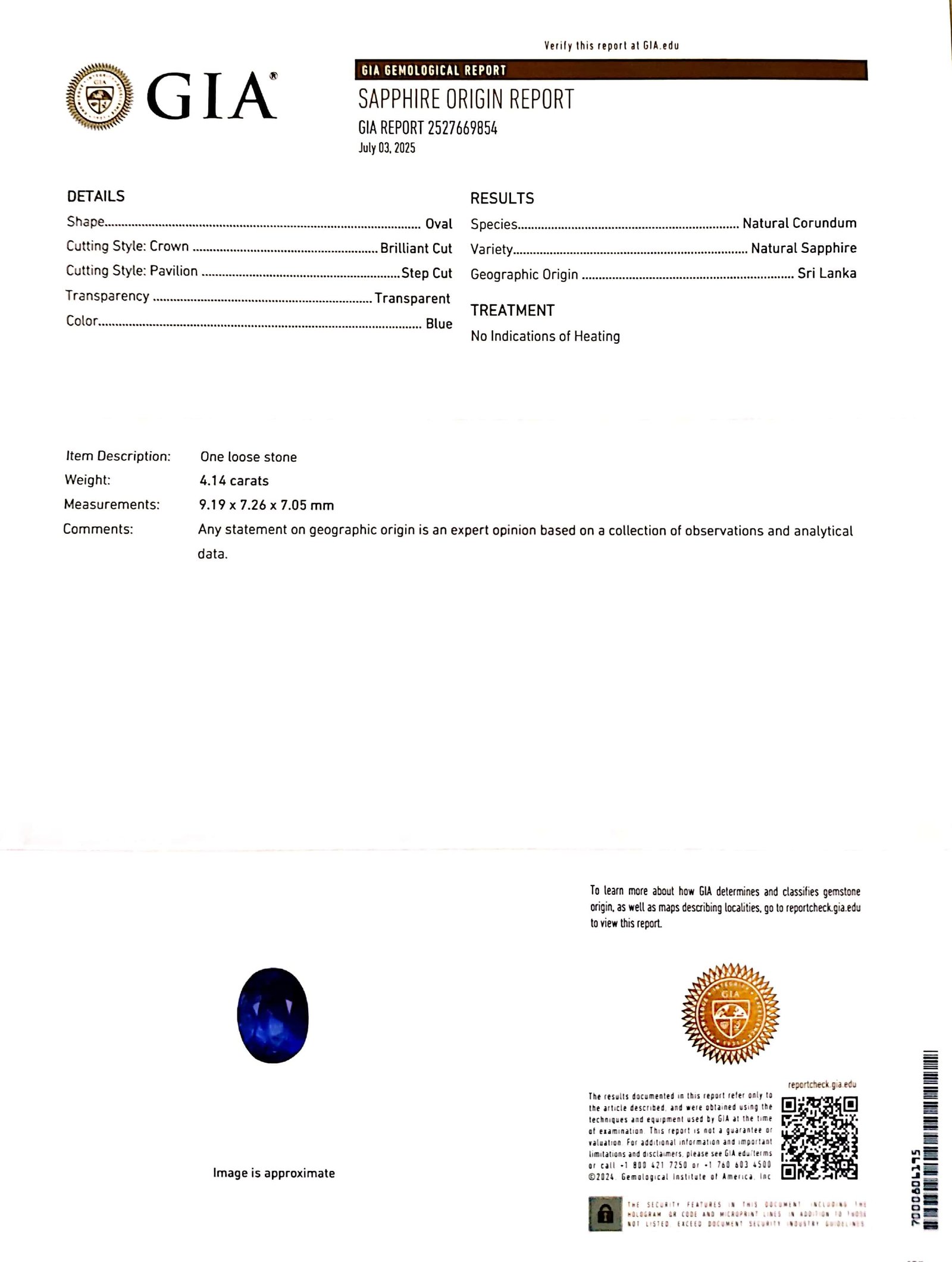 GIA Certified 4.14ct. Sri Lanka Natural Blue Sapphire 