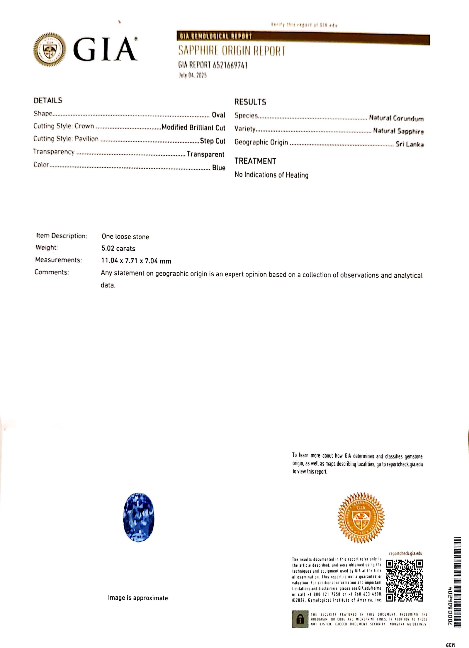 GIA Certified 5.02ct. Sri Lanka Natural Blue Sapphire 