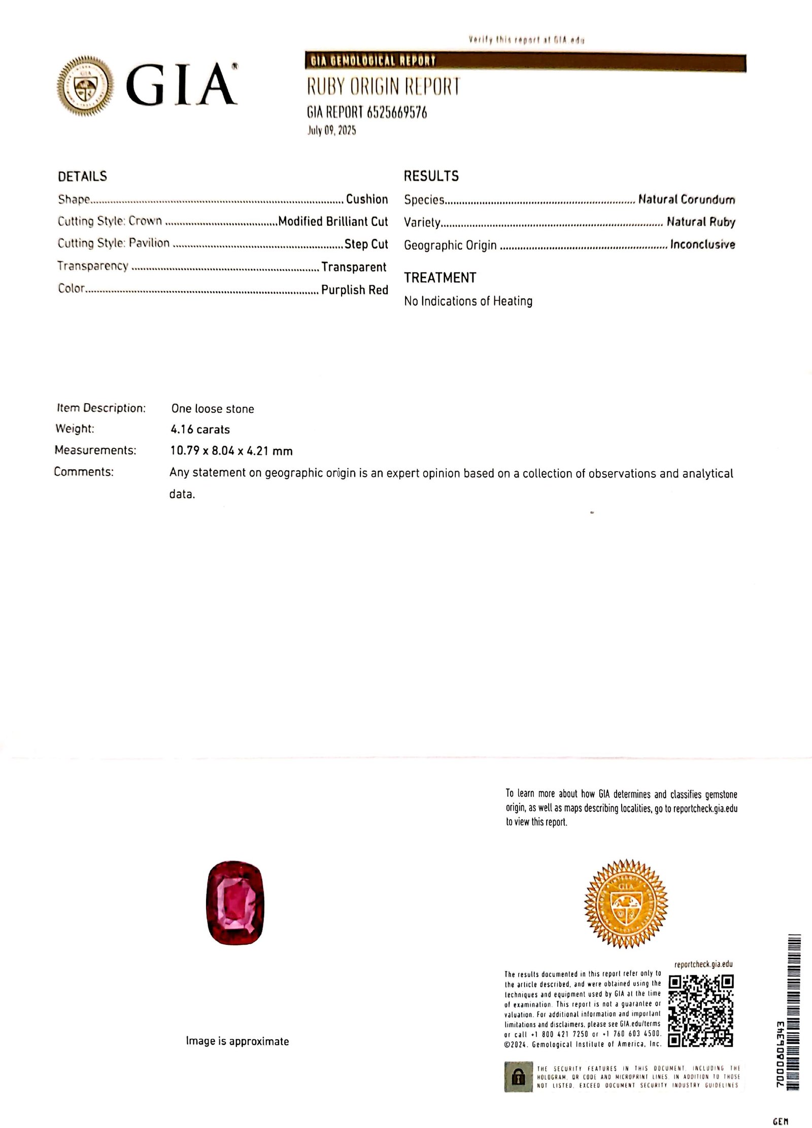 GIA Certified 4.16ct. Natural Purplish Red Ruby 