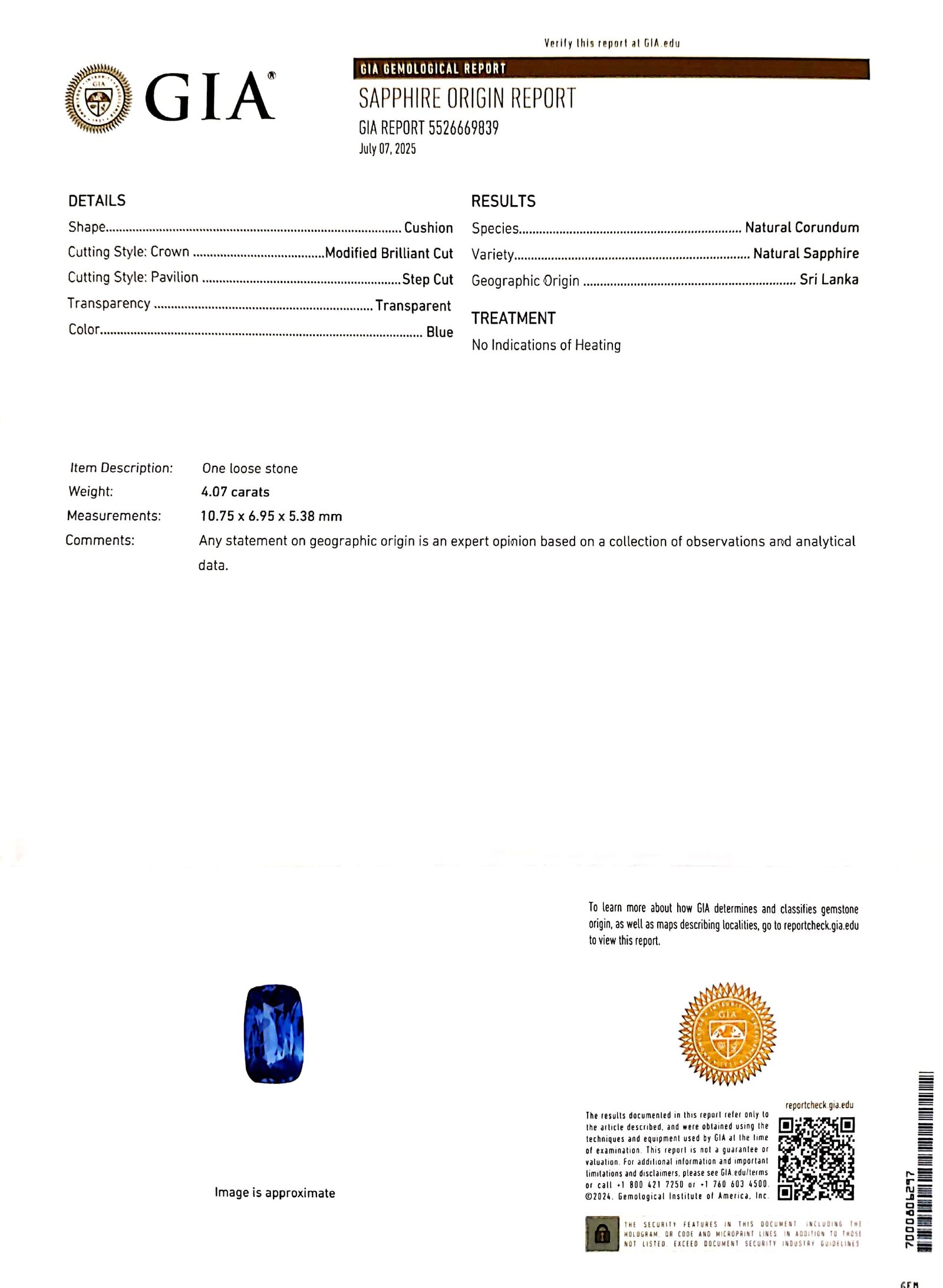 GIA Certified 4.07ct. Sri Lanka Natural Blue Sapphire 
