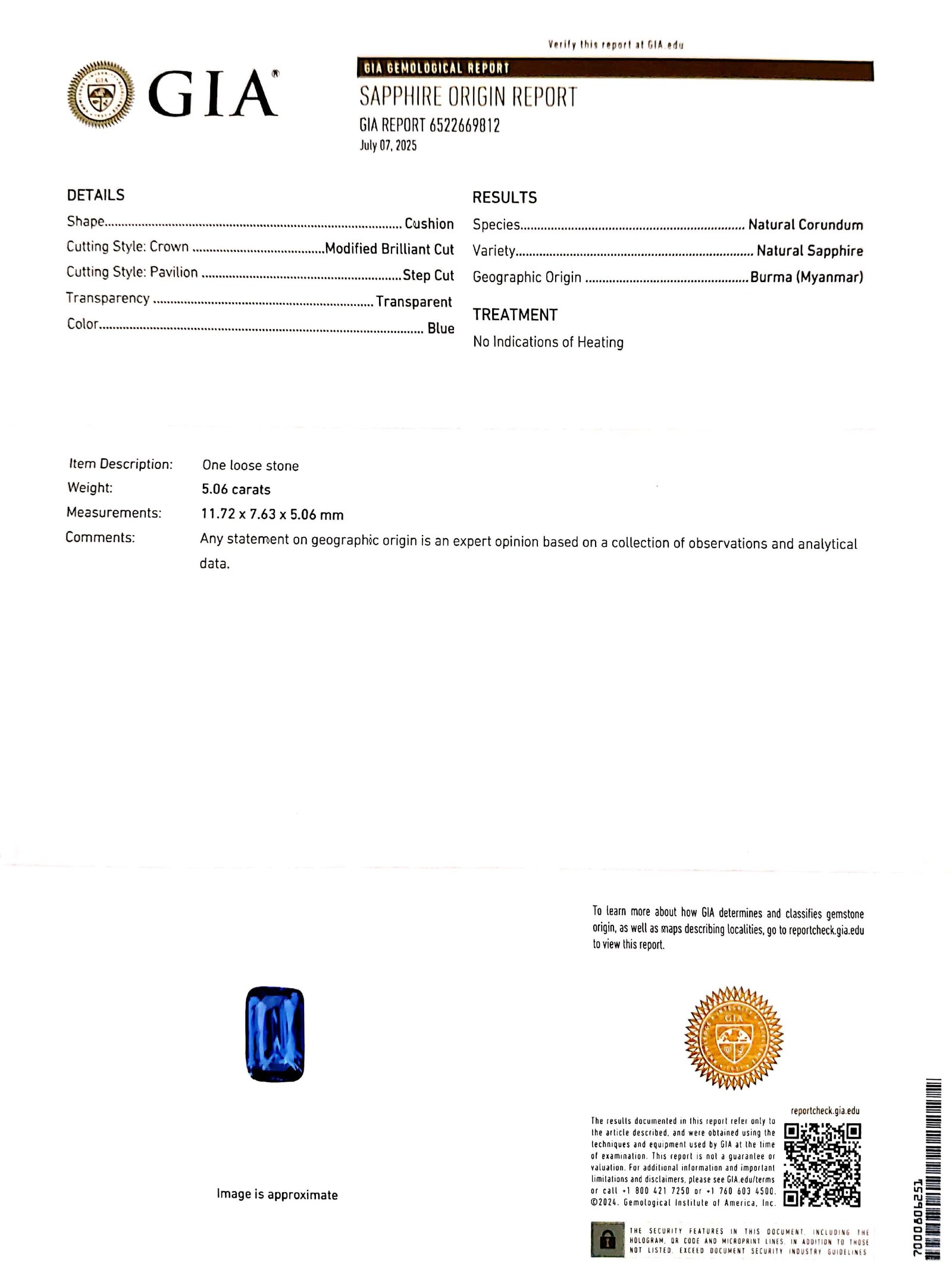 GIA Certified 5.06ct. Burma (Myanmar) Natural Blue Sapphire 